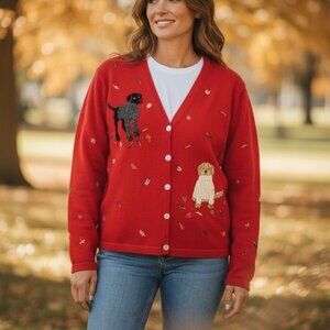 Talbots Vintage Red Knit Cardigan Sweater Dog & Fall Embroidery Small Petite